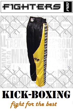 FIGHTERS - Pantalones de Kickboxing / Satín / Negro-Amarillo / Medium