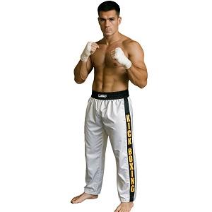 FIGHT-FIT - Pantaloni da Kickboxing / Raso / Bianco / Small