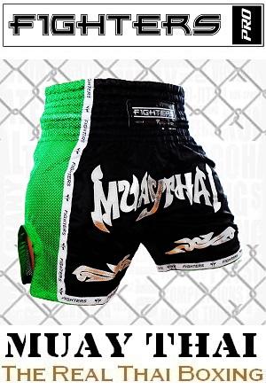 FIGHTERS - Shorts de boxe thai / Elite Muay Thai / Noir-Vert / Medium