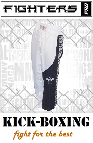 FIGHTERS - Pantalones de Kickboxing / Satín / Blanco-Negro / Large